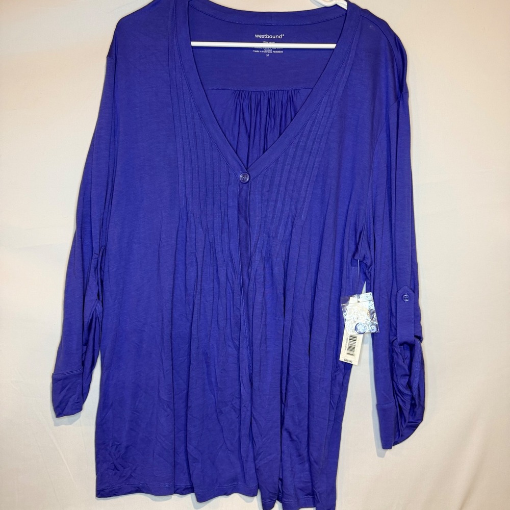 Westbound Womens XL Royal Purple Pintuck Pleated Roll Tab Sleeve Cardigan NWT